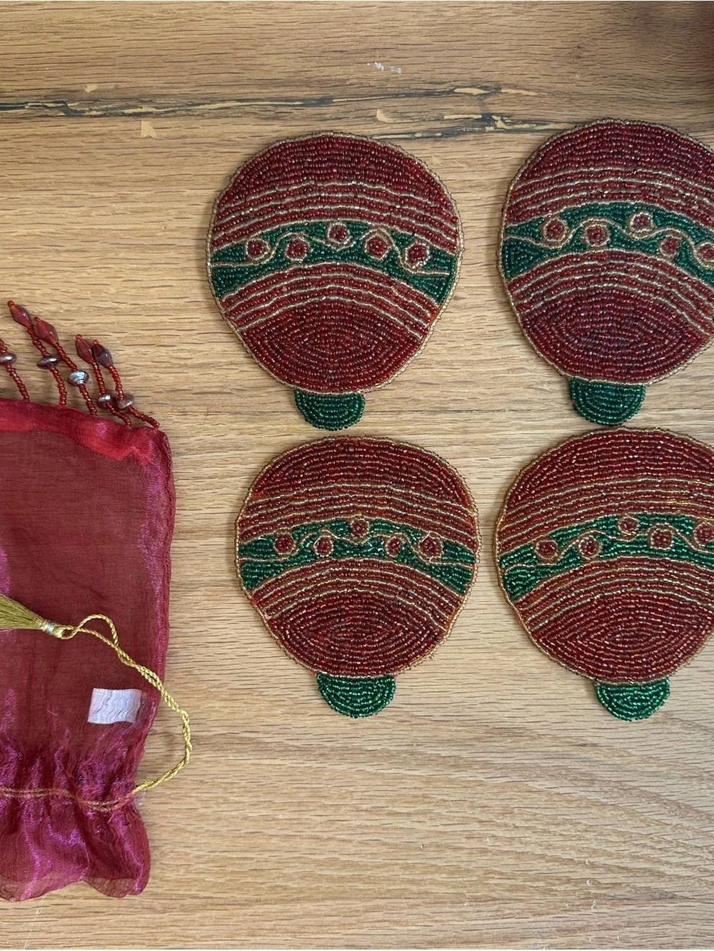 VintageChristmas Beaded Round Coasters with Matching Organza Pouch - BEAUTIFUL